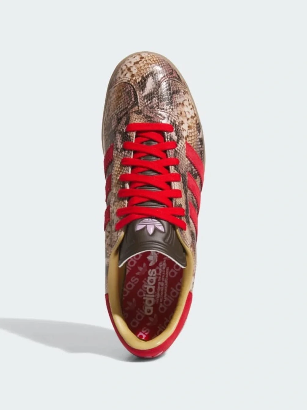 adidas Gazelle Lux Spikeless Golf Shoes in a snakeskin print with red laces